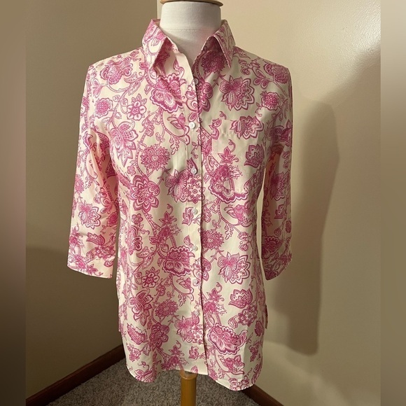 Lands' End Tops - Lands End Floral Pink No Iron Button Down Shirt Sz 2P